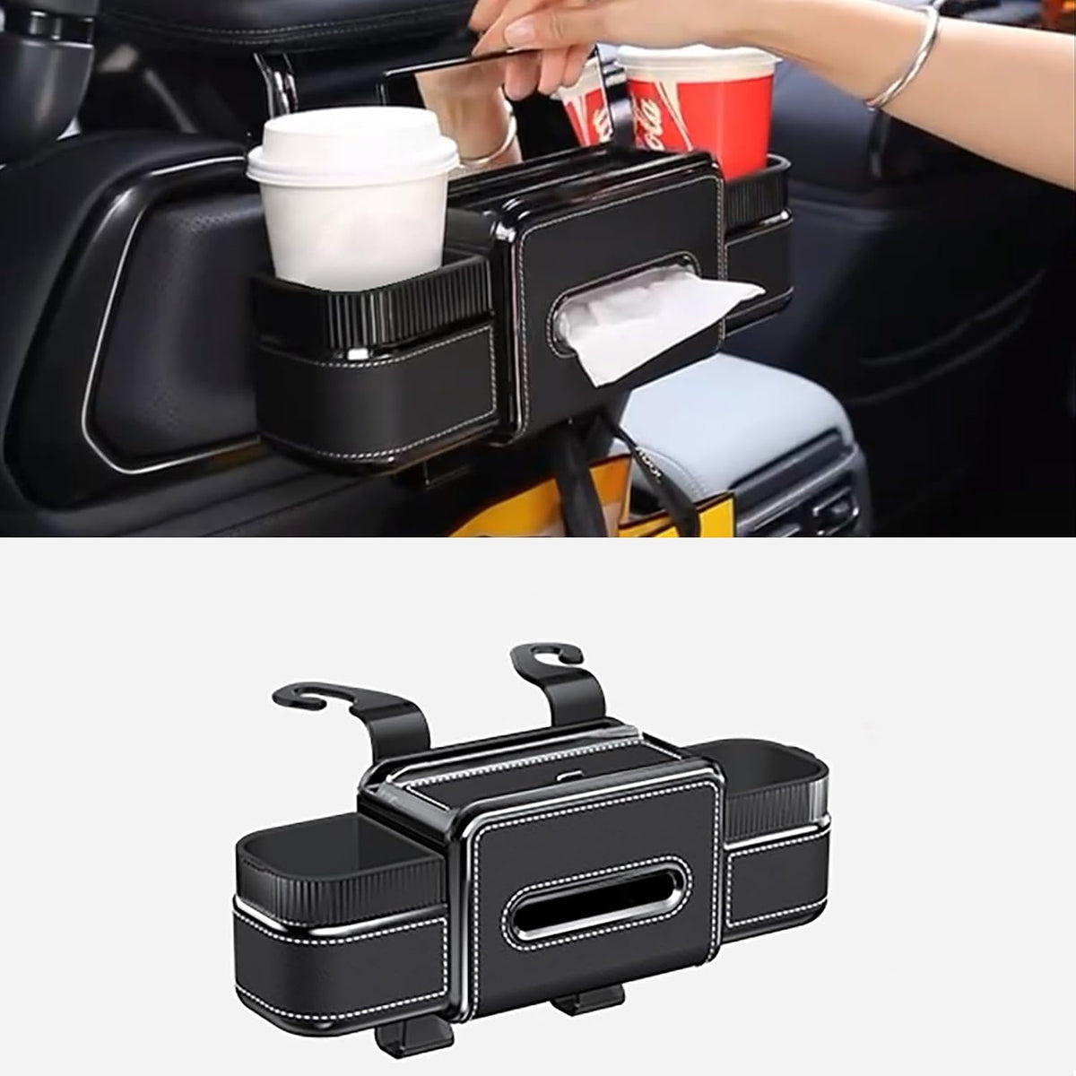 Multifunctional Car Seat Back Organizer with Drink Cup Holder, Makeup Mirror, Tissue Box& Hooks for Car Seat Back, New Upgrade Car Headrest Backseat Organizer Suitability for Wife, Girlfriend