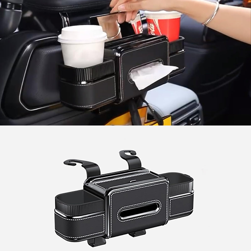 Multifunctional Car Seat Back Organizer with Drink Cup Holder, Makeup Mirror, Tissue Box& Hooks for Car Seat Back, New Upgrade Car Headrest Backseat Organizer Suitability for Wife, Girlfriend