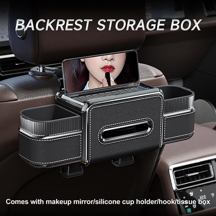 Multifunctional Car Seat Back Organizer with Drink Cup Holder, Makeup Mirror, Tissue Box& Hooks for Car Seat Back, New Upgrade Car Headrest Backseat Organizer Suitability for Wife, Girlfriend