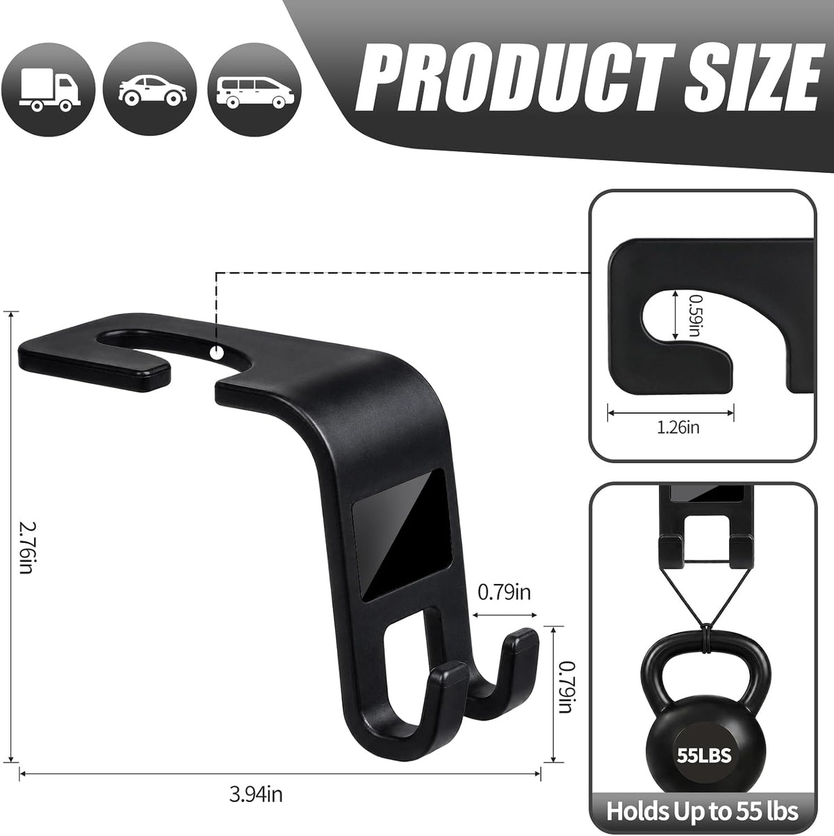 ZSDY Car Seat Headrest Hooks Heavy Duty Vehicle Back Seat Storage Organizer Hanger for Purse Grocery Bags Coat Universal Car Interior Accessories 4 Pack, Black