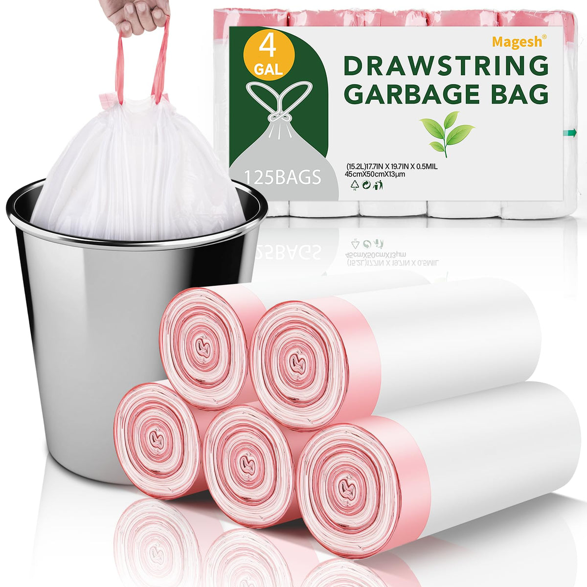1.2 Gallon Small Trash Bags Drawstring - White Mini Garbage Bags (Fit 1-1.3 Gallon) 5 Liter 60 Count Unscented Strong Plastic Tiny Little Waste Basket Liners for Kitchen Car Office Magesh