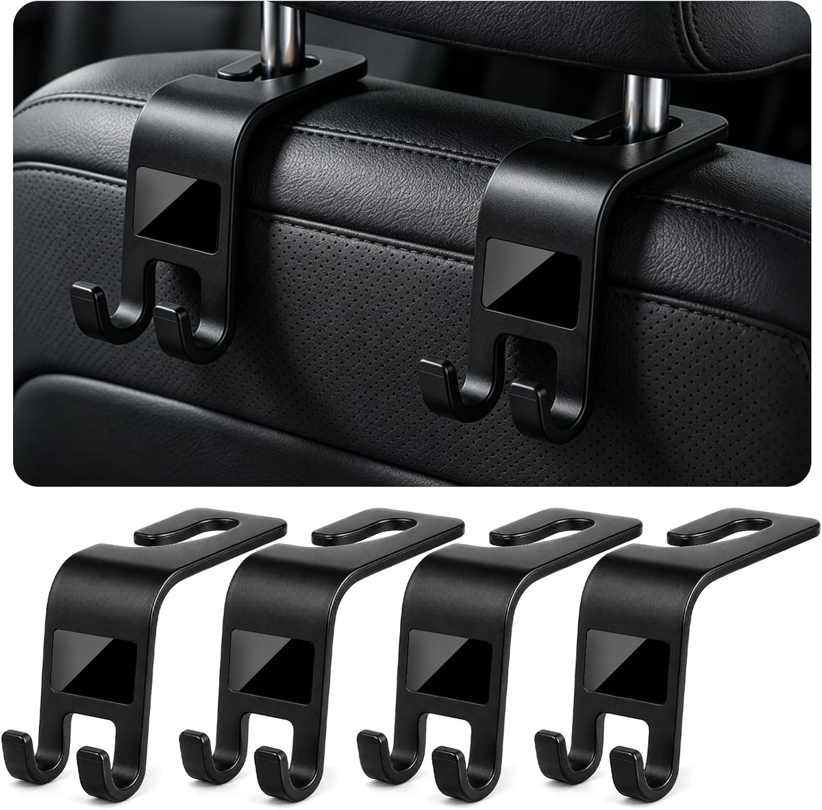 ZSDY Car Seat Headrest Hooks Heavy Duty Vehicle Back Seat Storage Organizer Hanger for Purse Grocery Bags Coat Universal Car Interior Accessories 4 Pack, Black