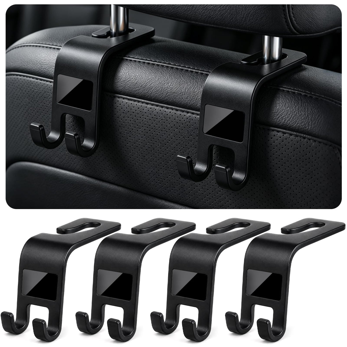 ZSDY Car Seat Headrest Hooks Heavy Duty Vehicle Back Seat Storage Organizer Hanger for Purse Grocery Bags Coat Universal Car Interior Accessories 4 Pack, Black