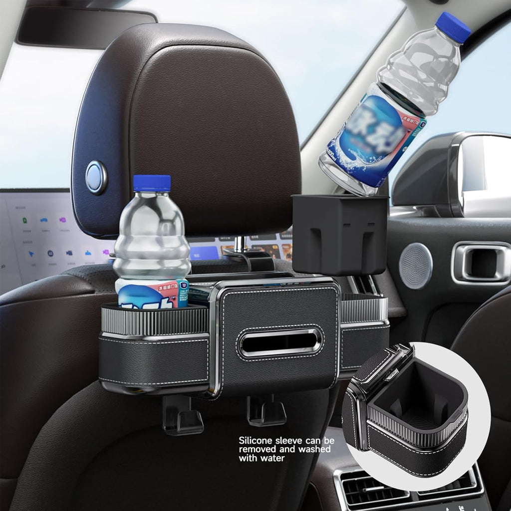 Multifunctional Car Seat Back Organizer with Drink Cup Holder, Makeup Mirror, Tissue Box& Hooks for Car Seat Back, New Upgrade Car Headrest Backseat Organizer Suitability for Wife, Girlfriend