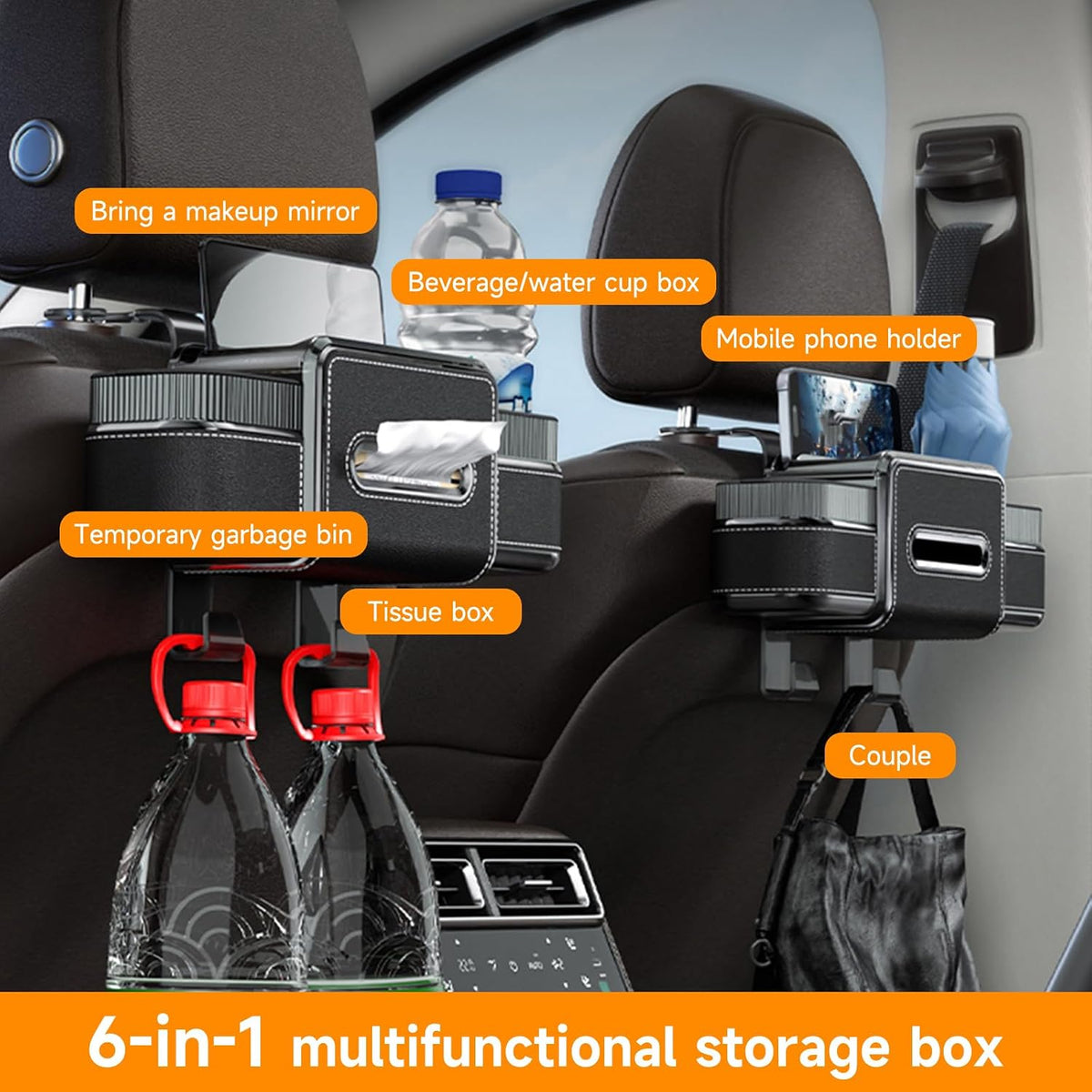 Multifunctional Car Seat Back Organizer with Drink Cup Holder, Makeup Mirror, Tissue Box& Hooks for Car Seat Back, New Upgrade Car Headrest Backseat Organizer Suitability for Wife, Girlfriend