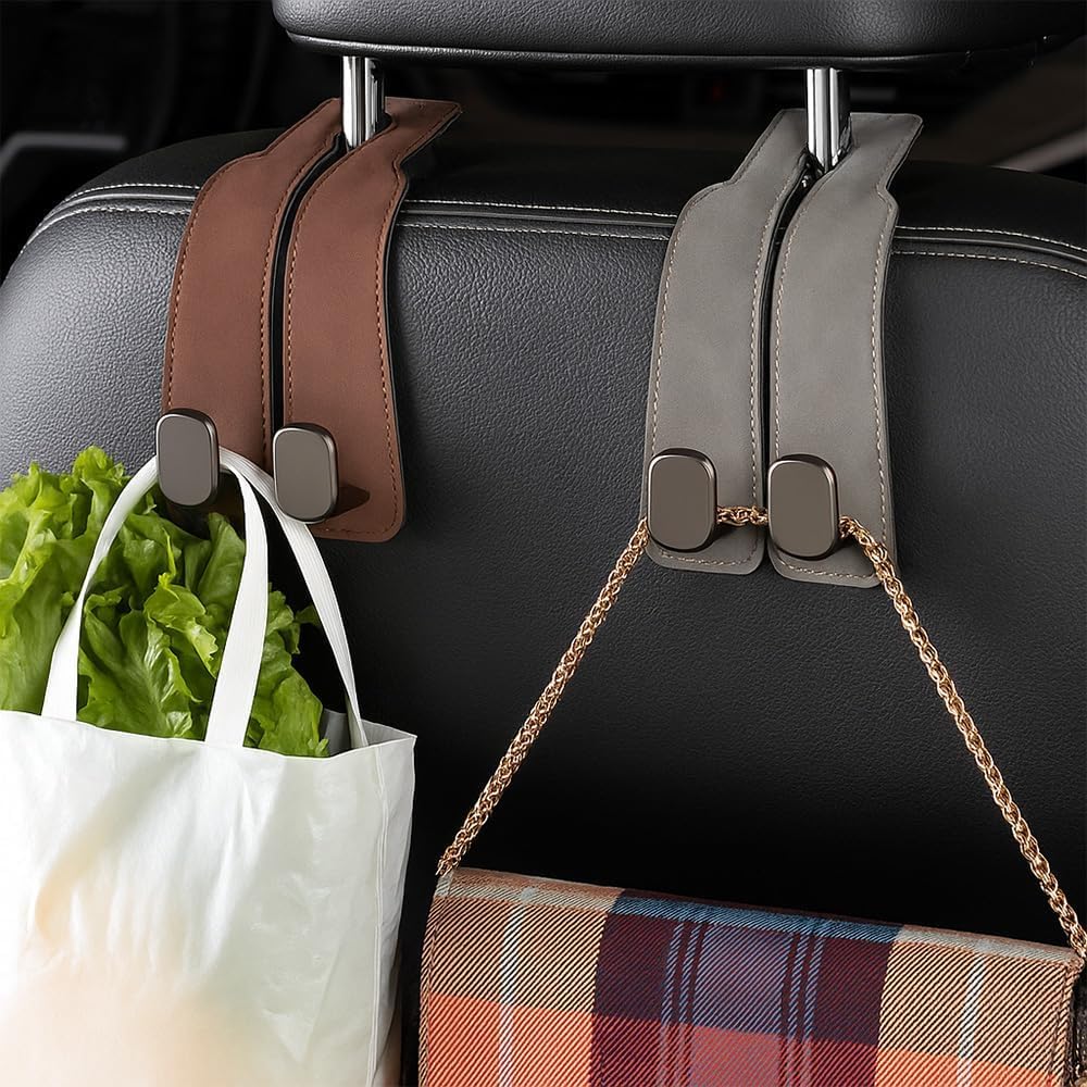 2026 New Car Seat Headrest Hooks for Purses and Bags - Support Car Headrest Hooks for Purses and Bags Coat, Leather Car Bag Purse Holder with Double Hooks (Black-2PC)