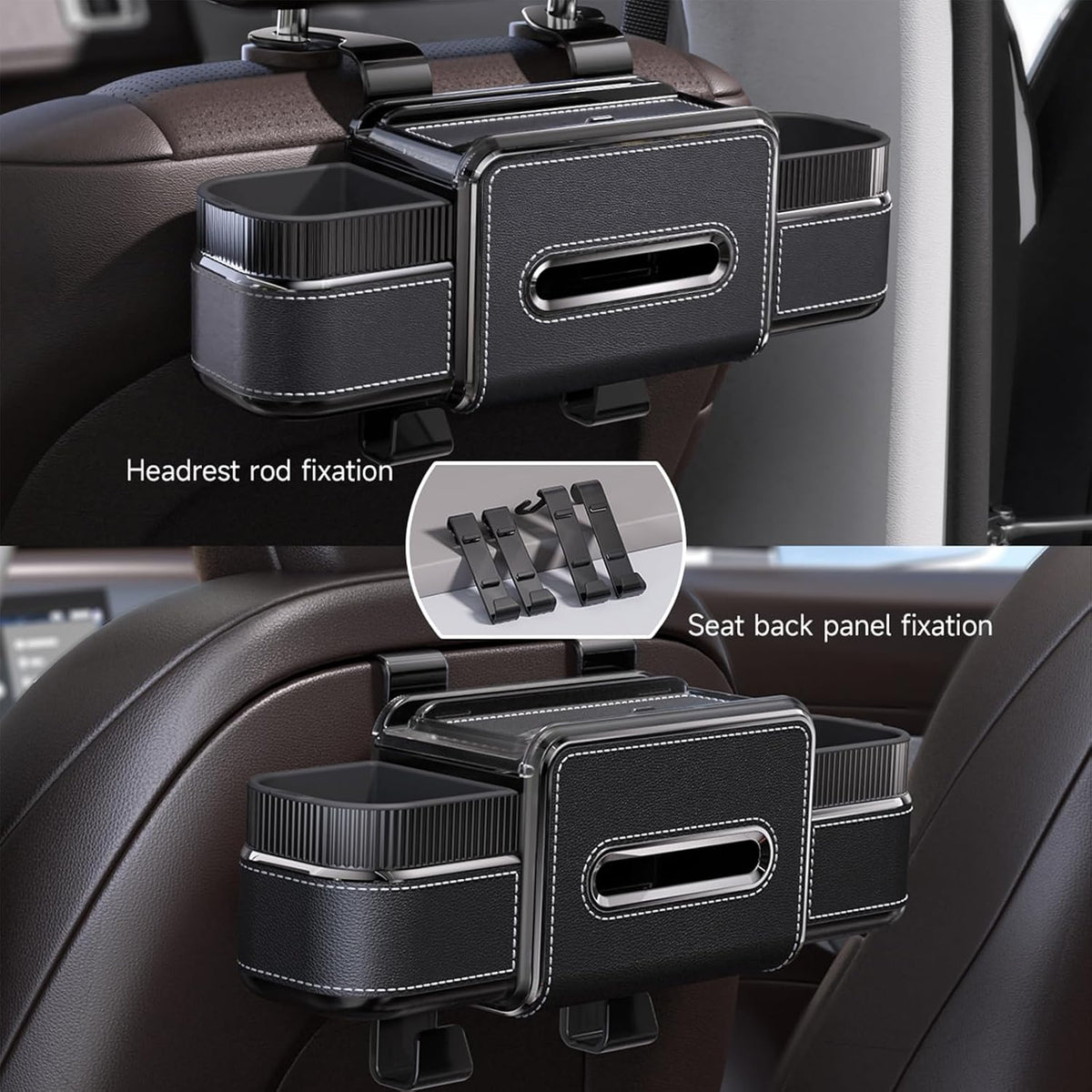 Multifunctional Car Seat Back Organizer with Drink Cup Holder, Makeup Mirror, Tissue Box& Hooks for Car Seat Back, New Upgrade Car Headrest Backseat Organizer Suitability for Wife, Girlfriend