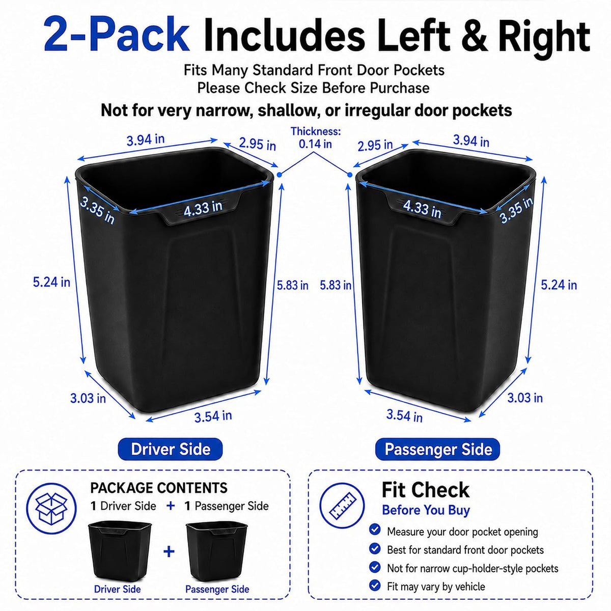 2-Pack Black Silicone Car Trash Cans for Door Pockets, Stay-Open