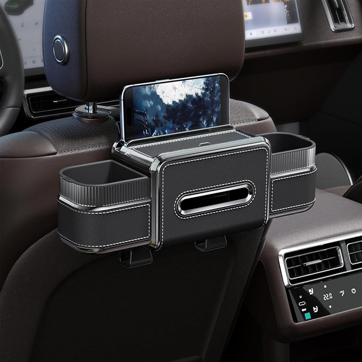 Multifunctional Car Seat Back Organizer with Drink Cup Holder, Makeup Mirror, Tissue Box& Hooks for Car Seat Back, New Upgrade Car Headrest Backseat Organizer Suitability for Wife, Girlfriend