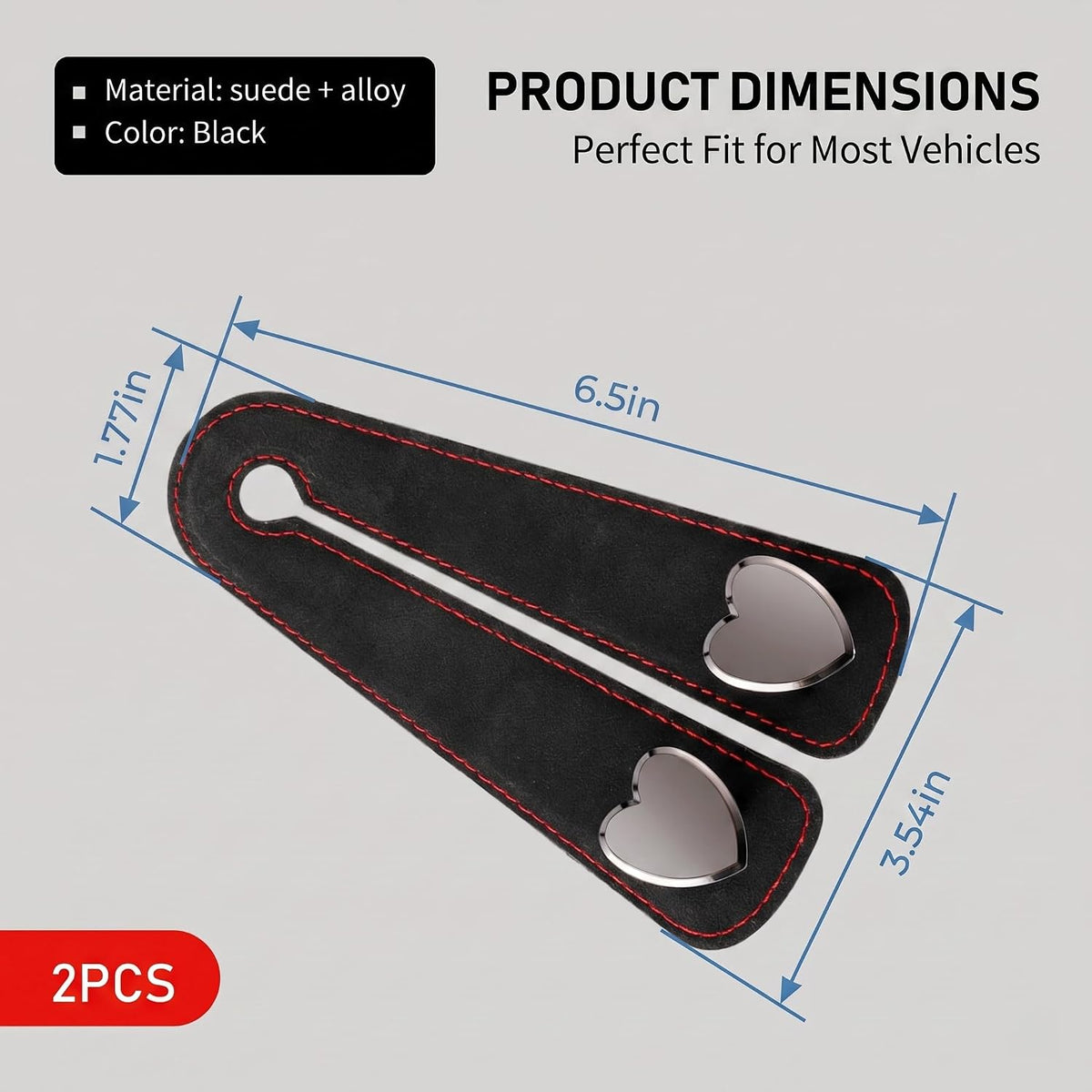 2 PCS Car Seat Headrest Hook, Suede Heart Shape Metal Double Hook, Foldable Car Purse Hook with Phone Holder, Universal for Most Cars, Trucks, SUVs (Black) 中文：