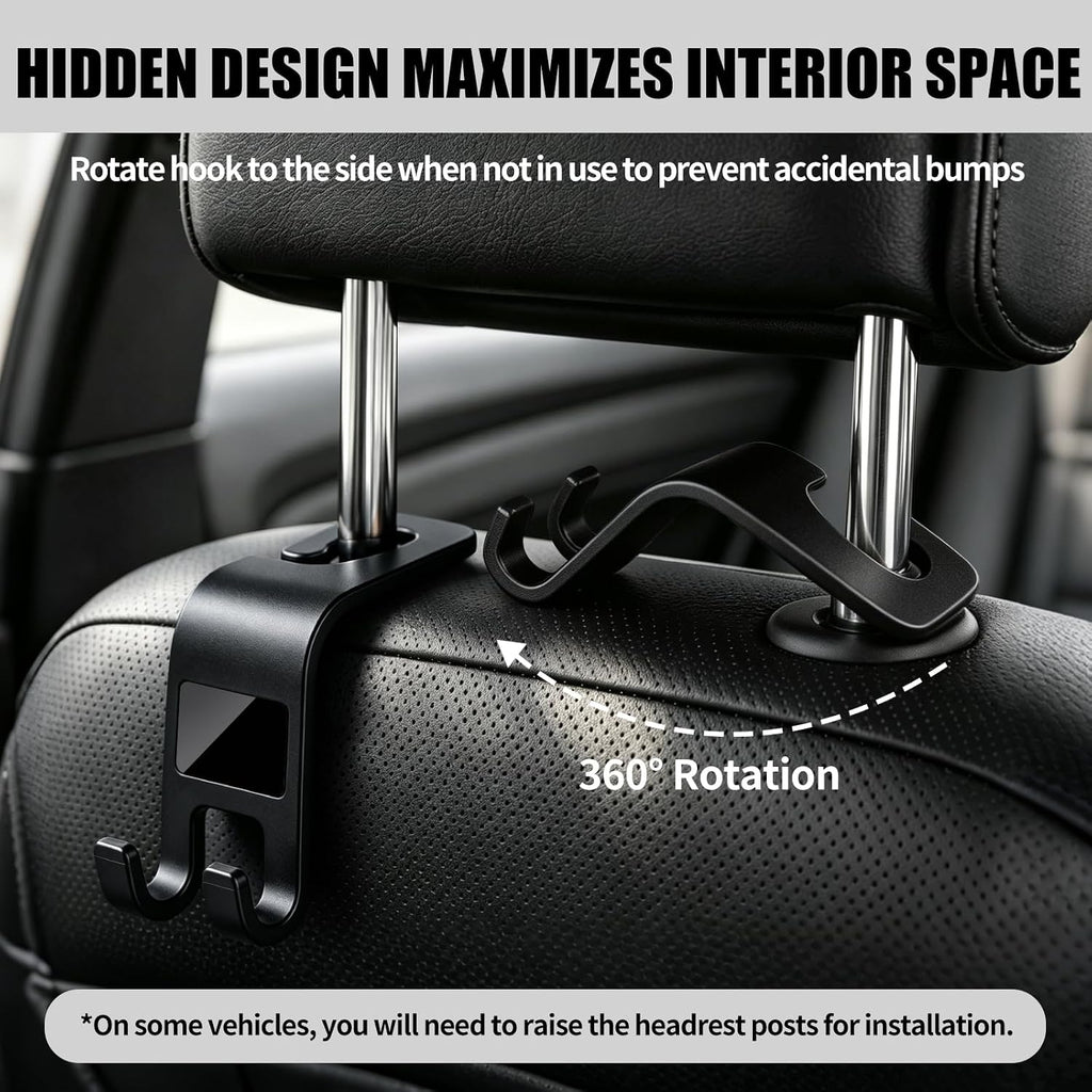 ZSDY Car Seat Headrest Hooks Heavy Duty Vehicle Back Seat Storage Organizer Hanger for Purse Grocery Bags Coat Universal Car Interior Accessories 4 Pack, Black