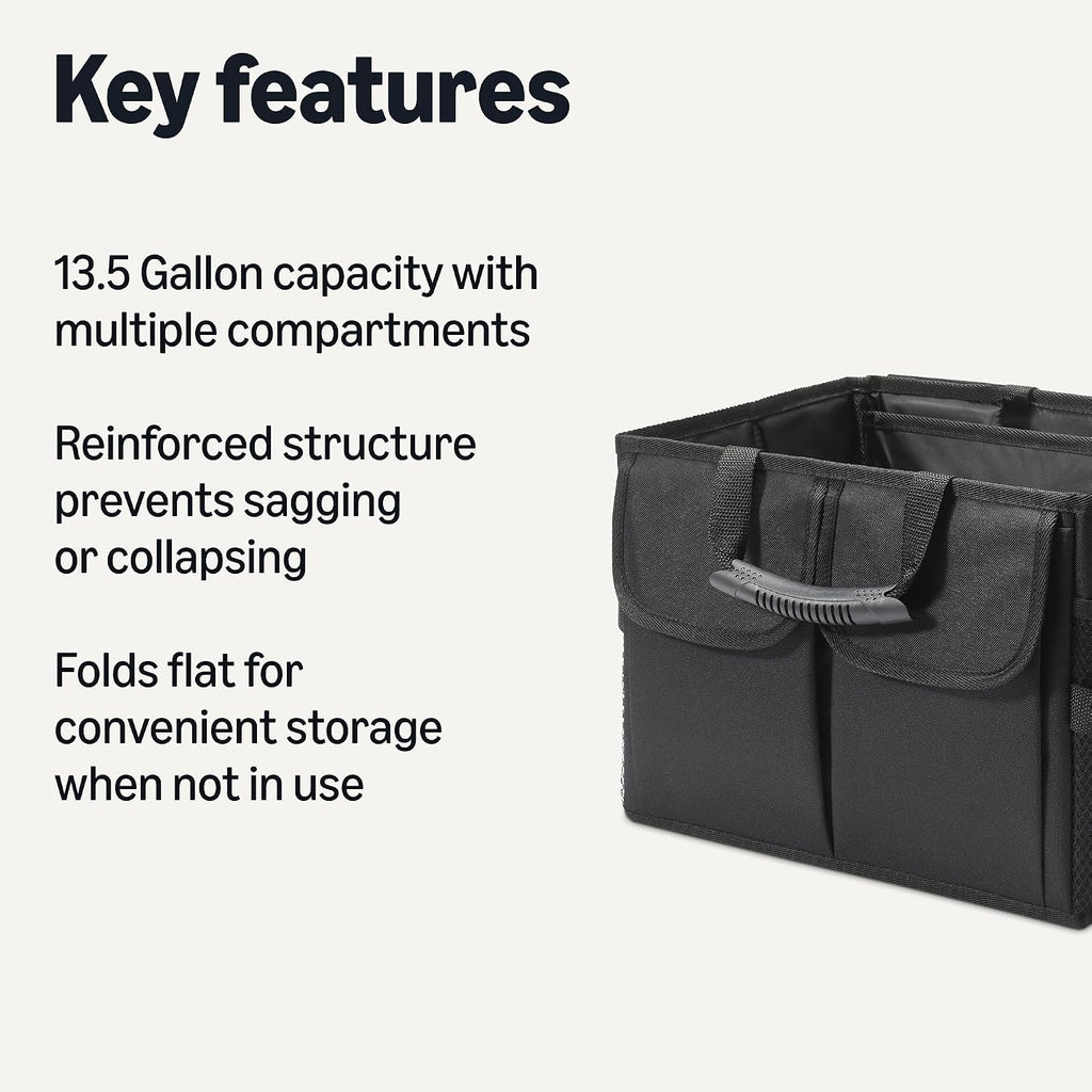 Amazon Basics Trunk Organizer for Car, Multi-Compartment Car Storage, Foldable, 13.5 Gallon, Black