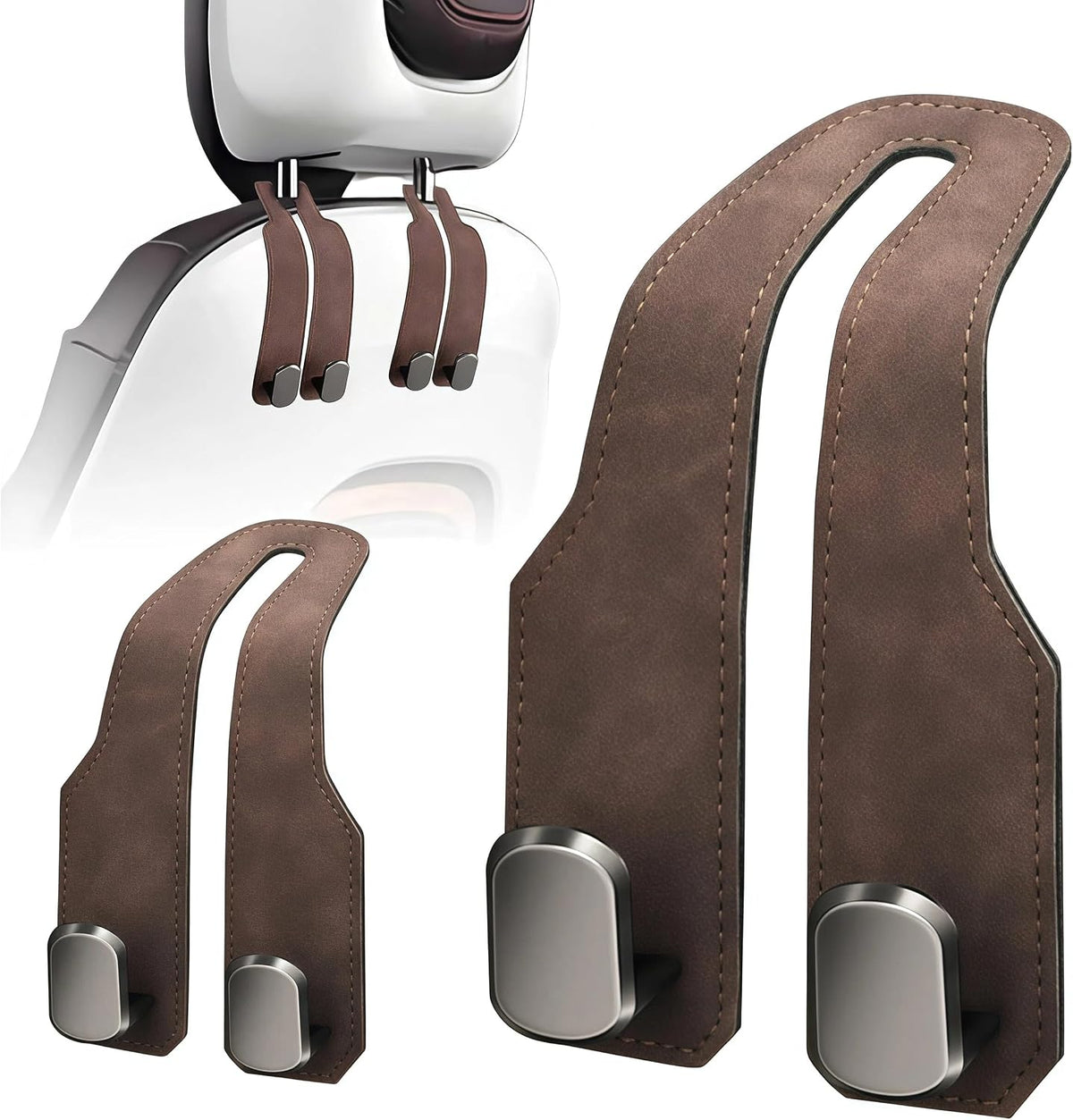 Purse Hook for Car, 2-Pack Leather Headrest Holders, Brown