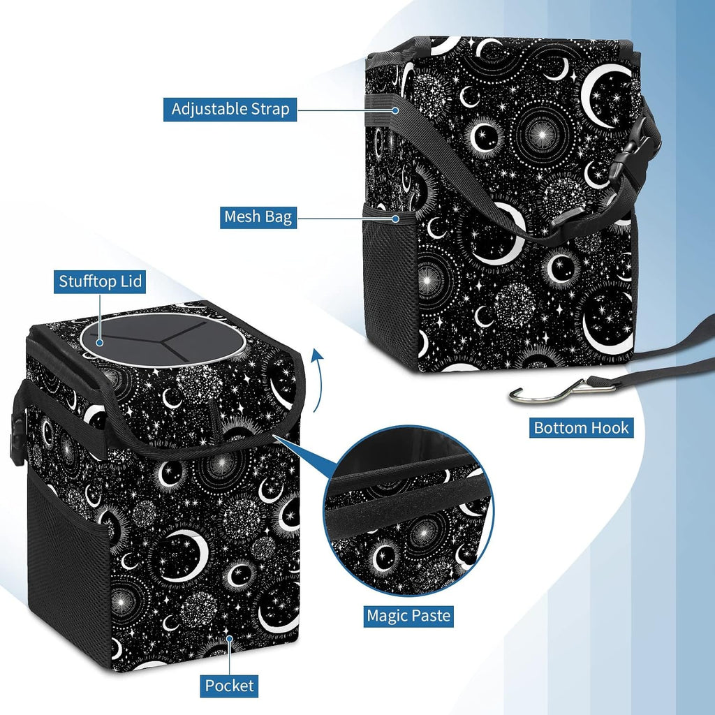 Gothic Moon Stars Boho Car Trash Can with Lid - Collapsible Reusable Waterproof Car Garbage Bag - Organizer