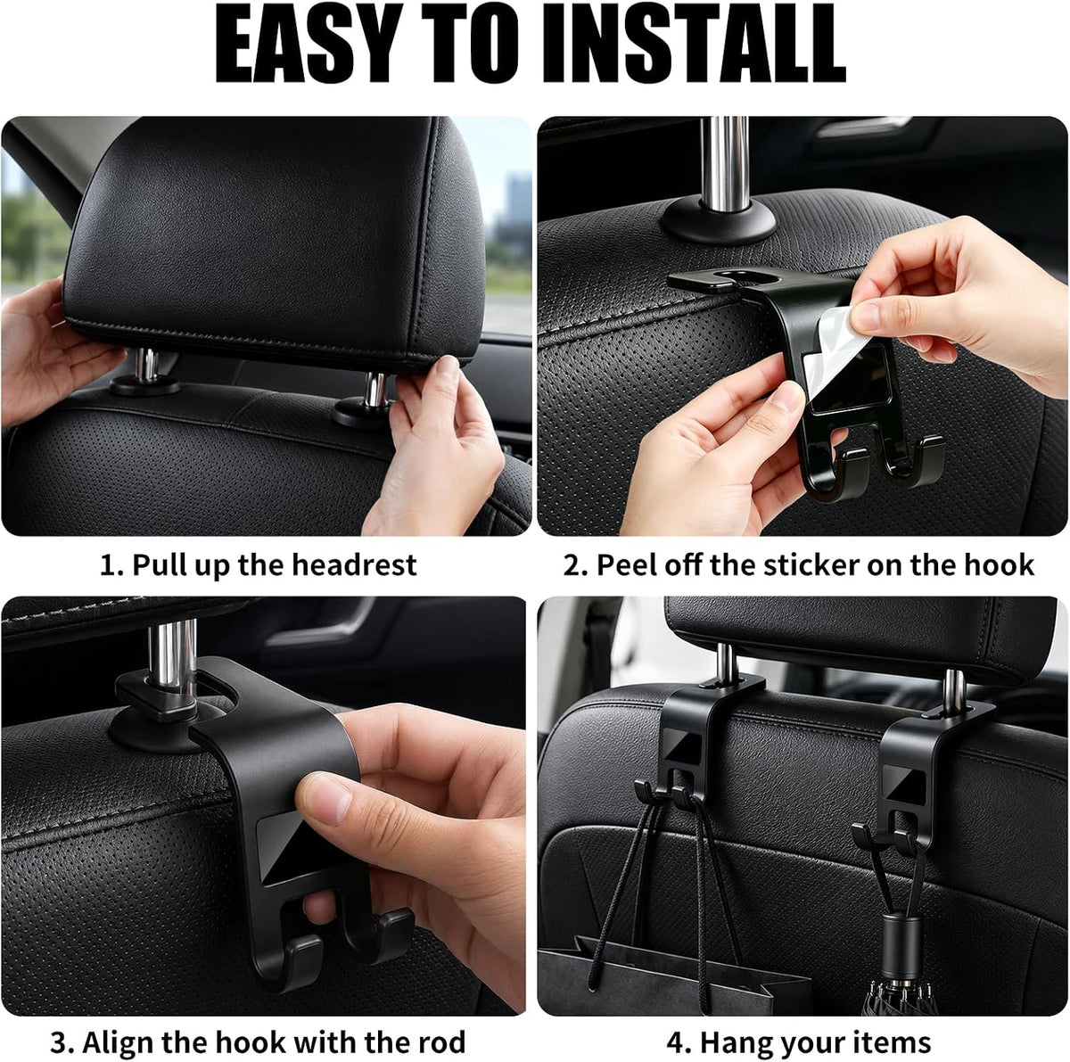 ZSDY Car Seat Headrest Hooks Heavy Duty Vehicle Back Seat Storage Organizer Hanger for Purse Grocery Bags Coat Universal Car Interior Accessories 4 Pack, Black
