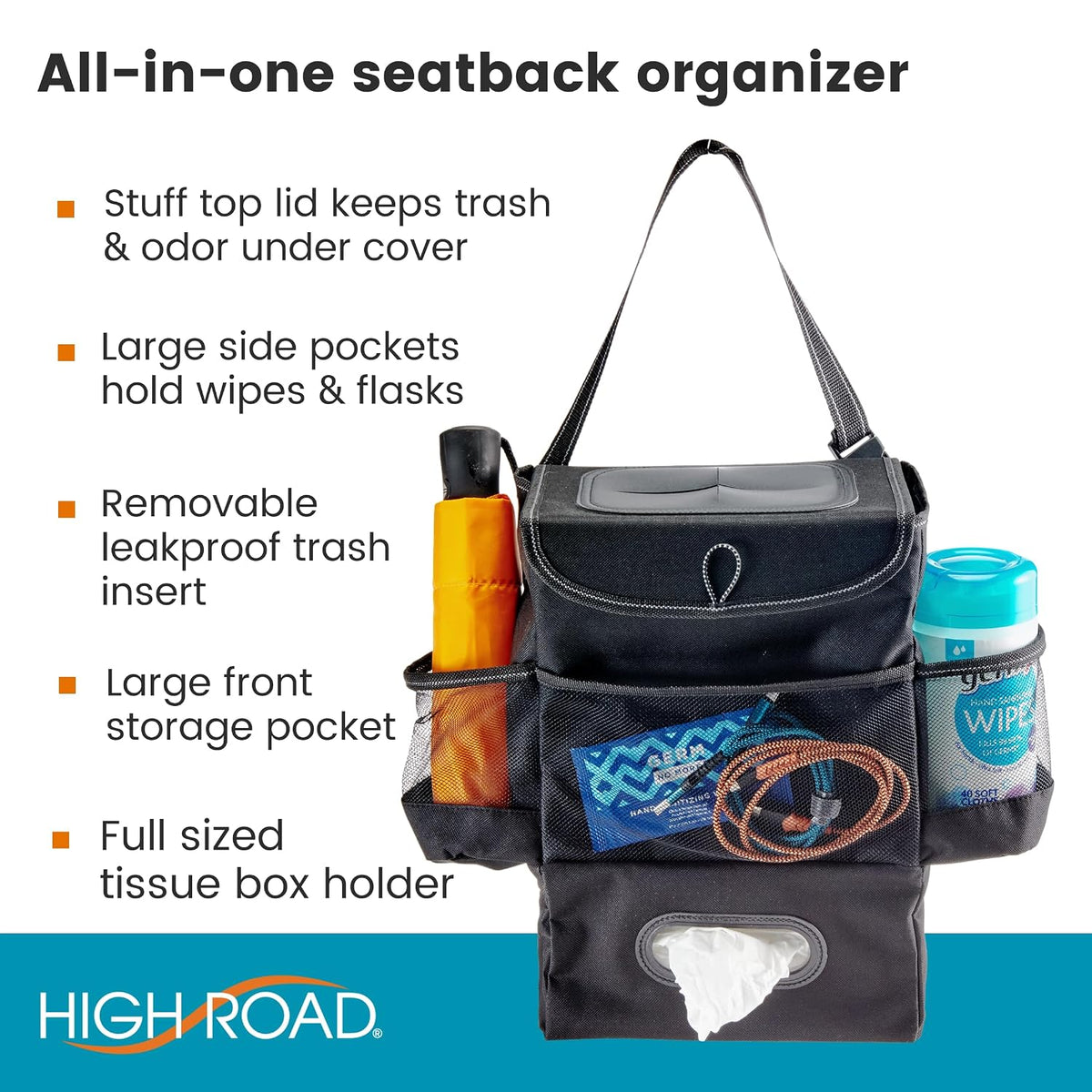 High Road Car Seatback Organizer - Hanging Car Trash Can with Tissue Holder